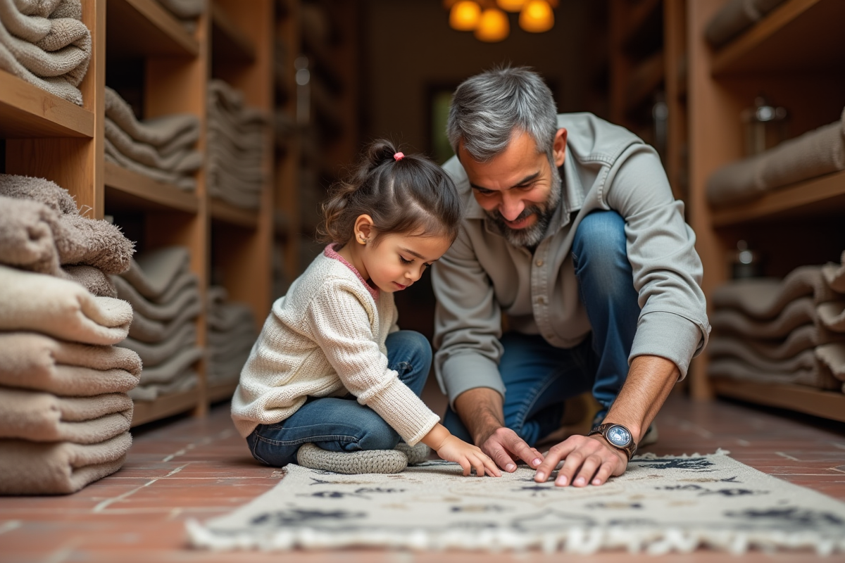 Père et fille découvrant un tapis dans une boutique