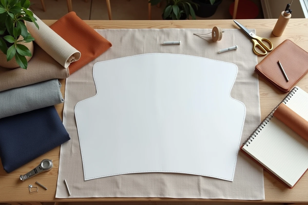 Patron papier et tissu posés à plat pour calculer la quantité nécessaire à la tapisserie d'un fauteuil Voltaire