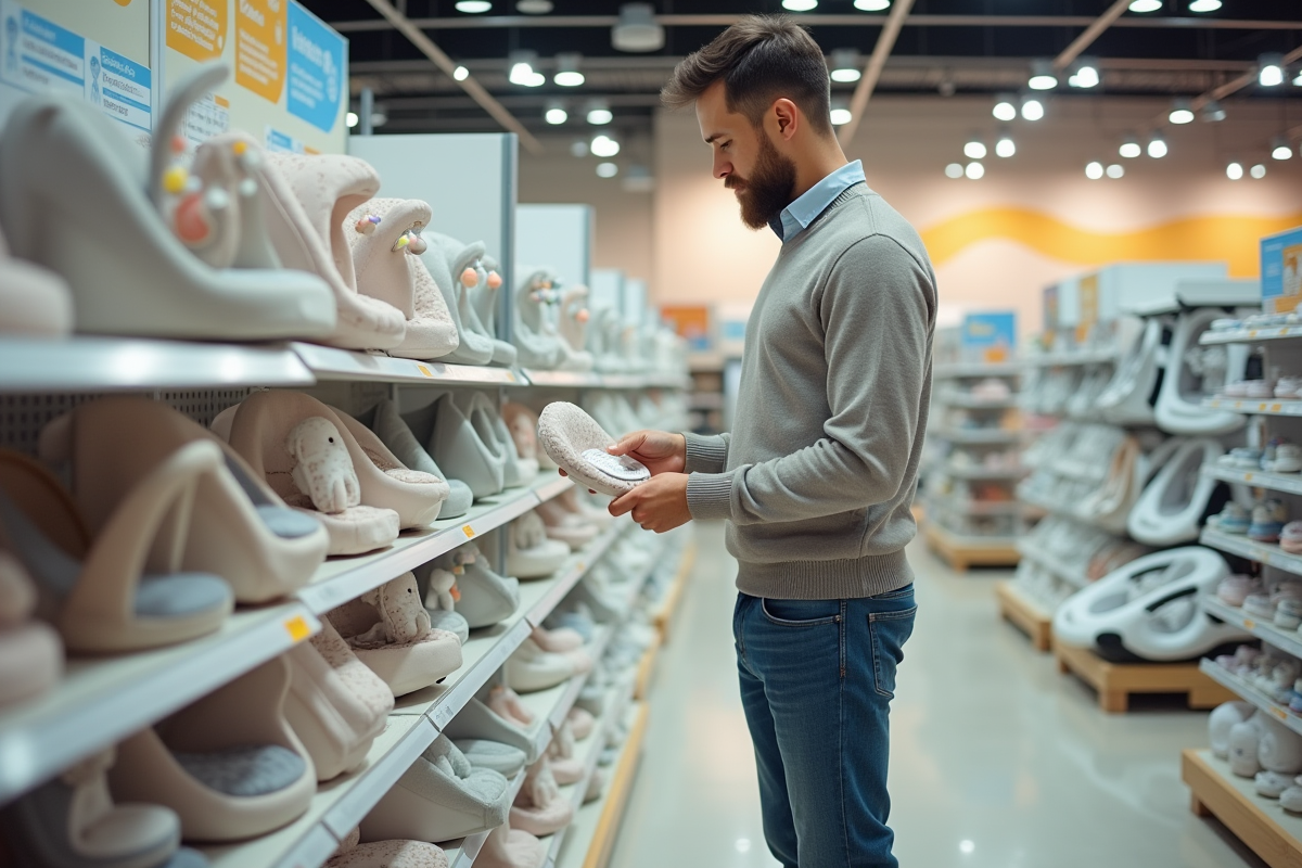 Pere examine un bouncer pour bebe dans un magasin lumineux
