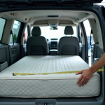 Personne essayant de faire entrer un grand matelas dans une van moderne