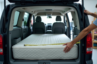 Personne essayant de faire entrer un grand matelas dans une van moderne