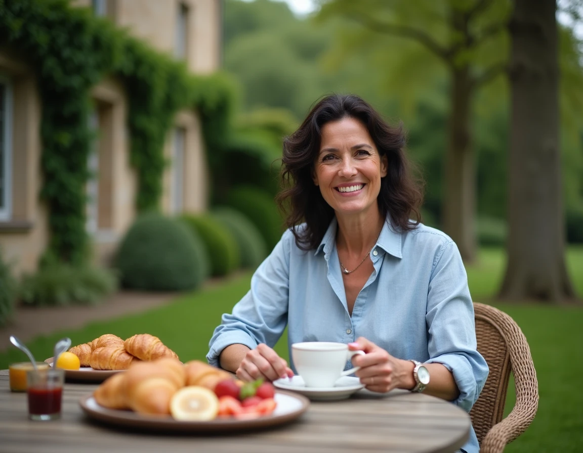 Petit-déjeuner en terrasse dans le jardin verdoyant d'une chambre d'hôtes de charme avec croissants et café servis sur table en bois