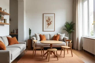 Petit salon et salle à manger réunis dans un appartement parisien moderne avec canapé en lin grège et table ronde en chêne