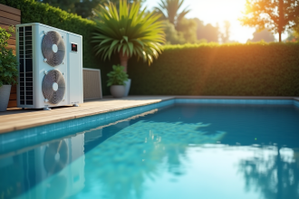 Piscine extérieure moderne avec pompe à chaleur et végétation