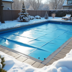 Piscine d'hiver couverte avec protection solide et paysage enneige