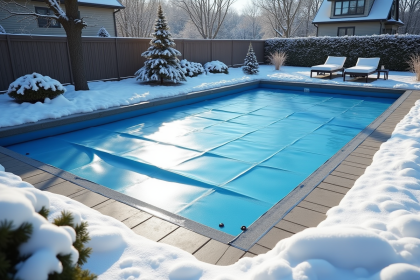 Piscine d'hiver couverte avec protection solide et paysage enneige