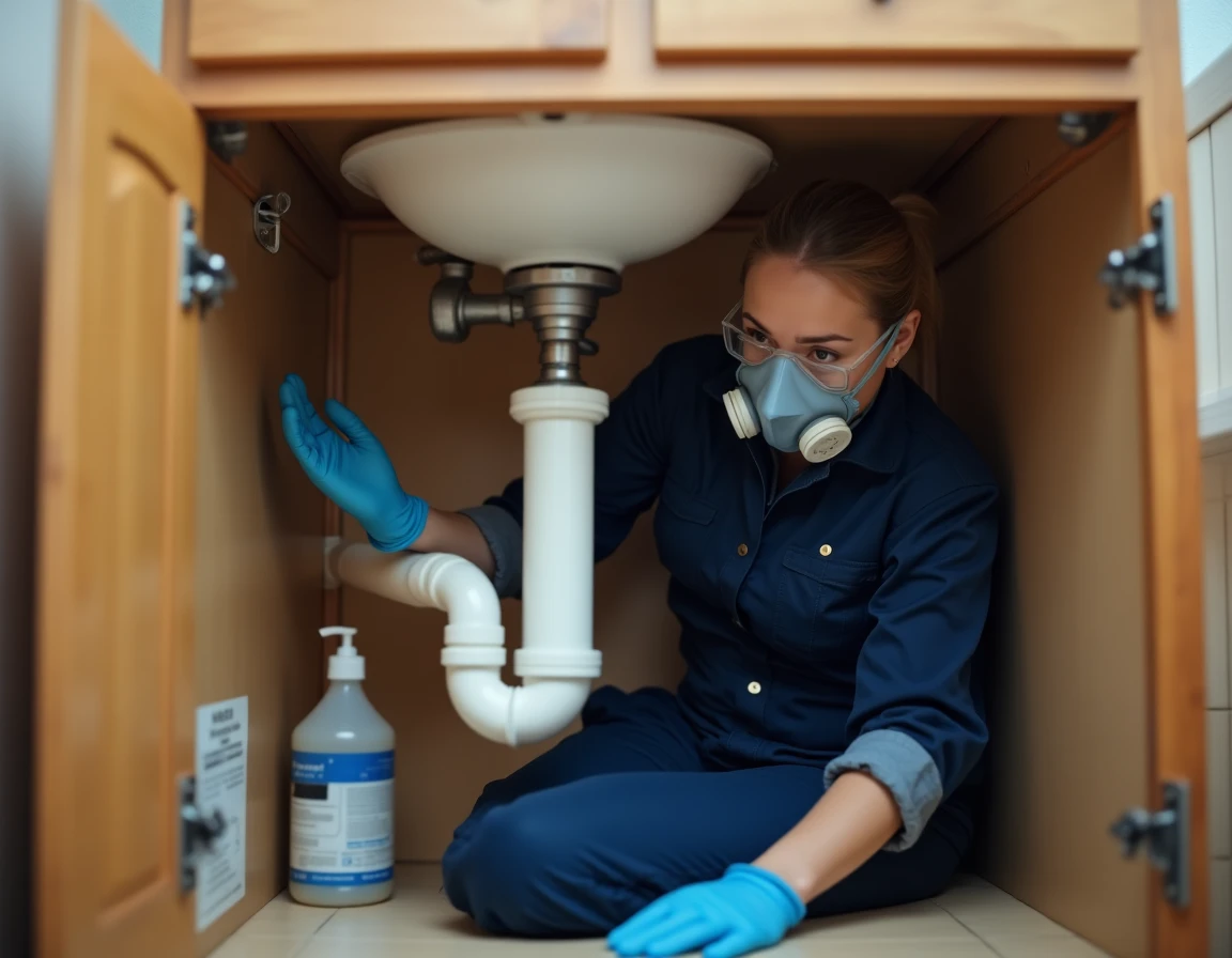 Plombière équipée d'un masque respiratoire et de gants inspectant les canalisations sous un lavabo avant utilisation d'acide chlorhydrique