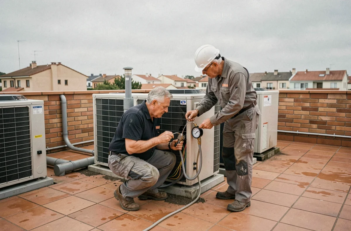 Deux plombiers chauffagistes réalisant le raccordement électrique et hydraulique d'une pompe à chaleur sur terrasse d'immeuble