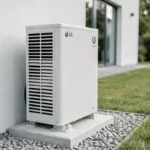Pompe à chaleur air-eau LG Therma V 16 kW installée en extérieur sur dalle béton contre une maison contemporaine