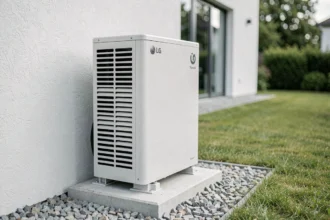Pompe à chaleur air-eau LG Therma V 16 kW installée en extérieur sur dalle béton contre une maison contemporaine
