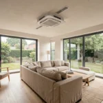 Pompe à chaleur air-air gainable intégrée au plafond d'un salon moderne avec diffuseurs linéaires