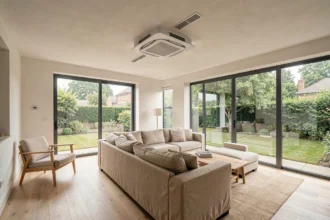 Pompe à chaleur air-air gainable intégrée au plafond d'un salon moderne avec diffuseurs linéaires