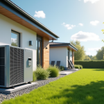 Pompe à chaleur moderne installée devant une maison contemporaine ensoleillée