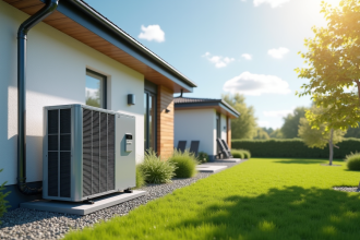 Pompe à chaleur moderne installée devant une maison contemporaine ensoleillée