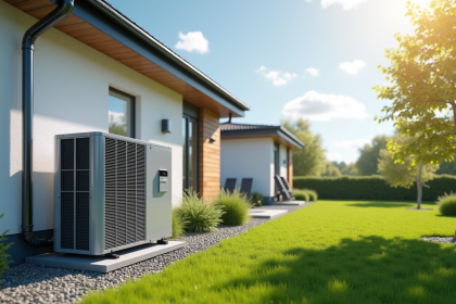 Pompe à chaleur moderne installée devant une maison contemporaine ensoleillée