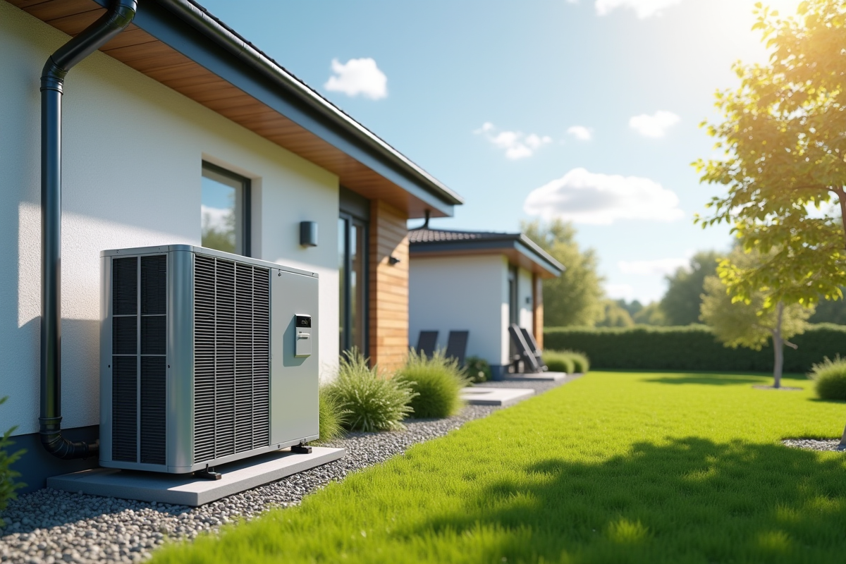 Pompe à chaleur moderne installée devant une maison contemporaine ensoleillée