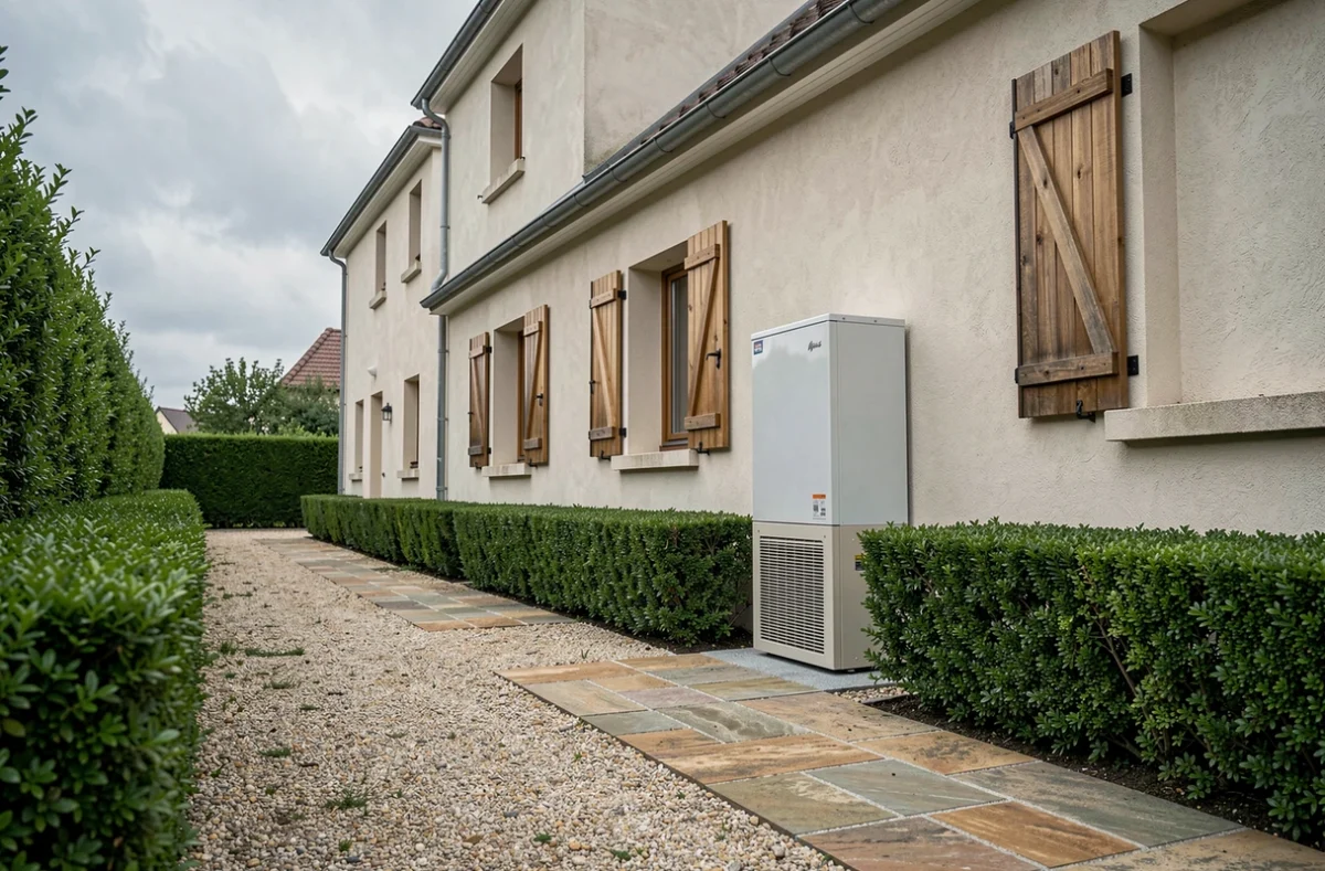 Pompe à chaleur air-air installée sur la façade extérieure d'une maison pavillonnaire française