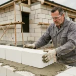 Ouvrier posant des blocs de Siporex sur un chantier de construction résidentiel
