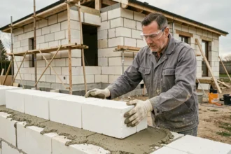 Ouvrier posant des blocs de Siporex sur un chantier de construction résidentiel