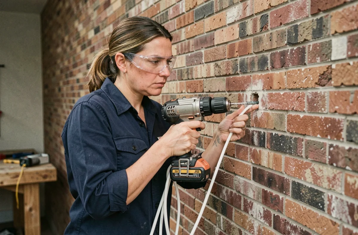 Femme perçant un mur en brique pour fixer un câble coaxial avec une cheville