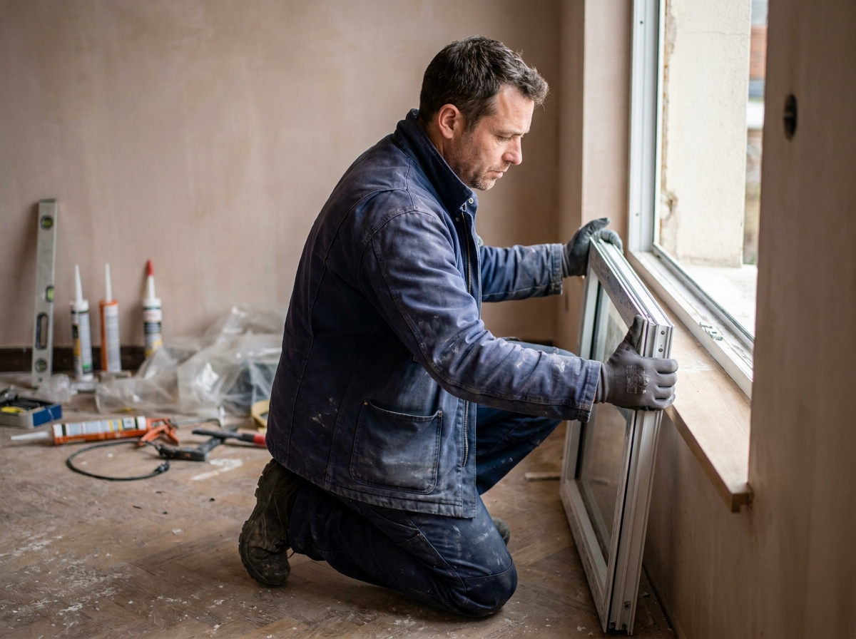Installateur posant une fenêtre en aluminium dans une maison à Dunkerque
