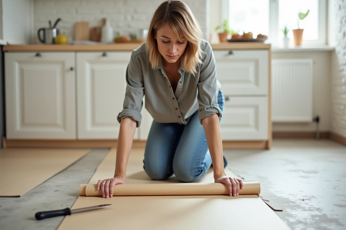 Femme posant du linoléum beige dans une cuisine lors de travaux de rénovation