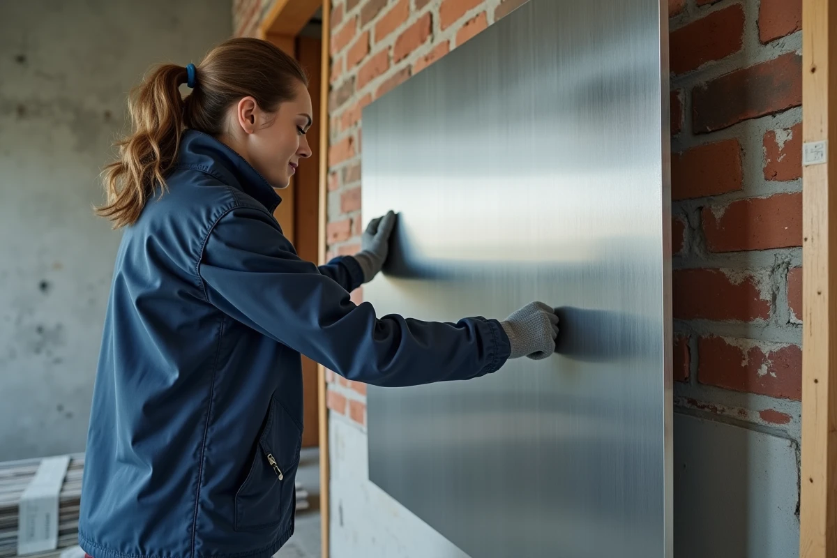 Femme posant un panneau de tôle d'acier sur mesure lors d'une rénovation intérieure de cuisine