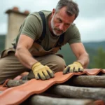 Artisan couvreur posant une tuile canal sur une charpente en bois d'une ancienne maison provençale