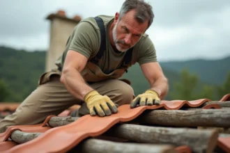 Artisan couvreur posant une tuile canal sur une charpente en bois d'une ancienne maison provençale