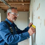 Homme en overalls mesurant un mur en placo dans un bureau en rénovation