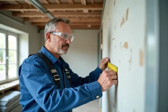 Homme en overalls mesurant un mur en placo dans un bureau en rénovation