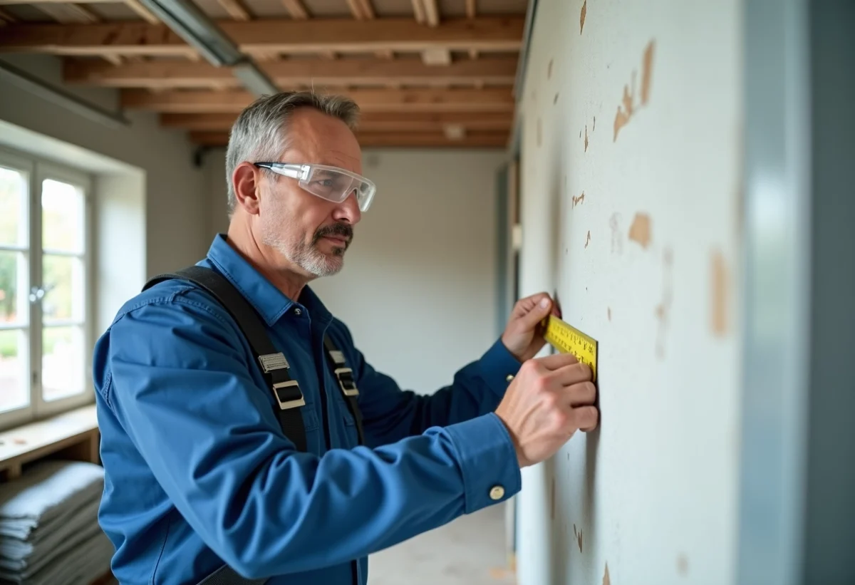 Homme en overalls mesurant un mur en placo dans un bureau en rénovation