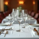 Mise en place formelle dans un restaurant gastronomique avec un verre à vin positionné à la pointe du couteau sur nappe blanche