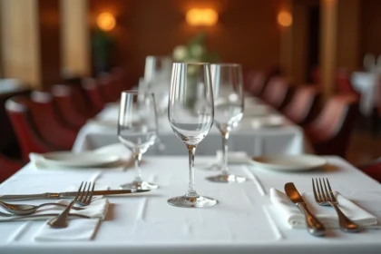 Mise en place formelle dans un restaurant gastronomique avec un verre à vin positionné à la pointe du couteau sur nappe blanche