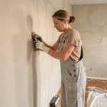 Femme préparant un grand mur intérieur en le ponçant avant la pose d'un revêtement mural autocollant