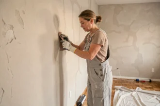 Femme préparant un grand mur intérieur en le ponçant avant la pose d'un revêtement mural autocollant