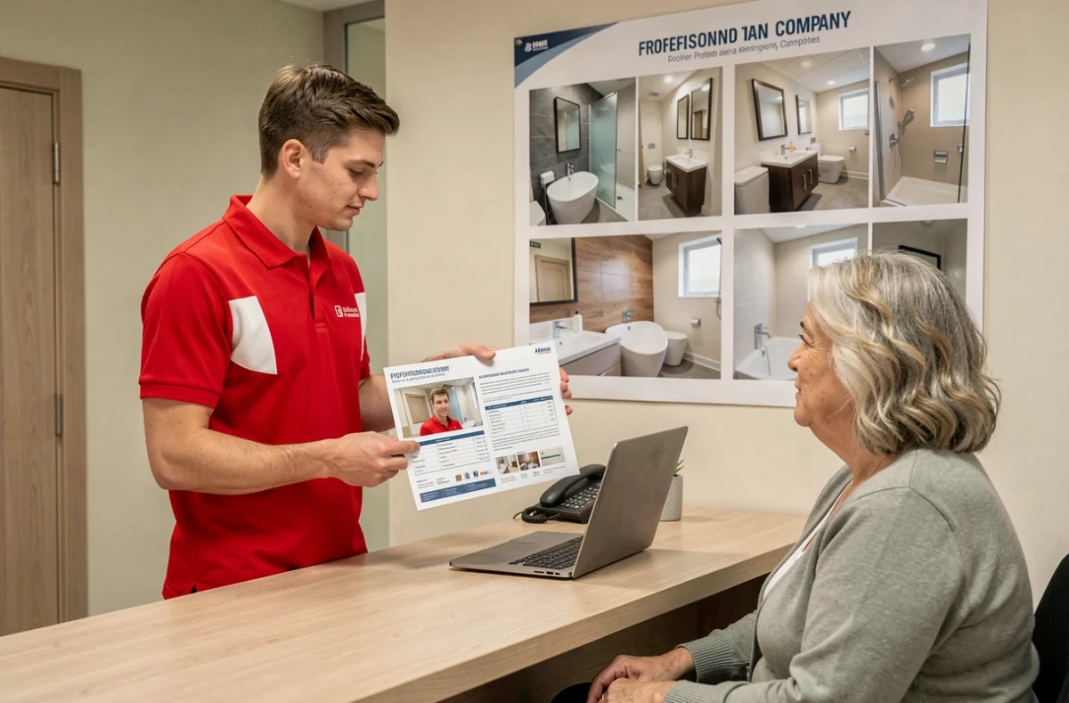 Conseiller PRIMO TRAVAUX présentant un devis de rénovation de salle de bain à un couple de clients