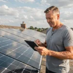 Propriétaire examinant ses panneaux solaires sur le toit de sa maison pour optimiser son autoconsommation
