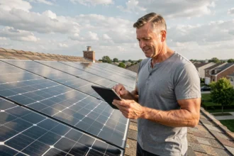 Propriétaire examinant ses panneaux solaires sur le toit de sa maison pour optimiser son autoconsommation