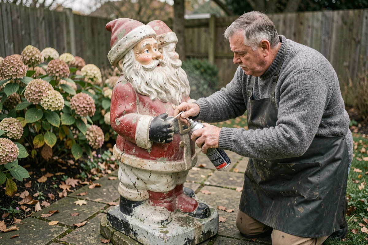 Homme appliquant un spray protecteur sur un père Noël décoratif de jardin pour le conserver plusieurs années
