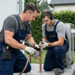 Technicien en train de raccorder les tuyauteries cuivre d'une pompe à chaleur air-eau sur dalle extérieure d'une maison