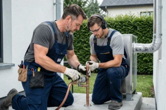 Technicien en train de raccorder les tuyauteries cuivre d'une pompe à chaleur air-eau sur dalle extérieure d'une maison