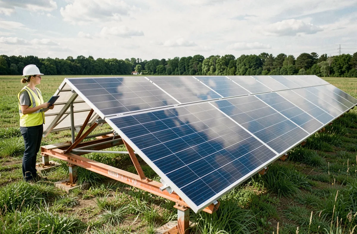 Rangée de panneaux solaires 500W sur structure au sol avec ingénieure pour comparaison de taille