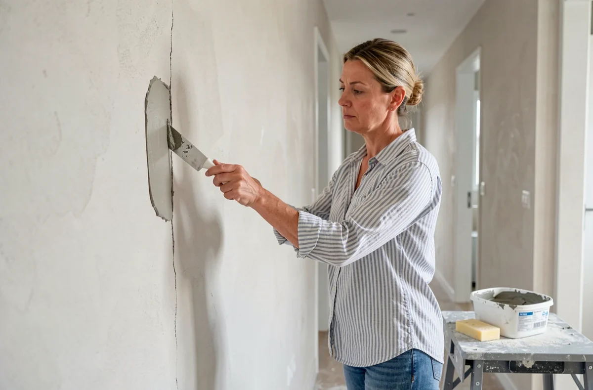 Femme rebouchant les fissures d'un mur avec un enduit de lissage avant la pose d'un revêtement mural autocollant grande surface