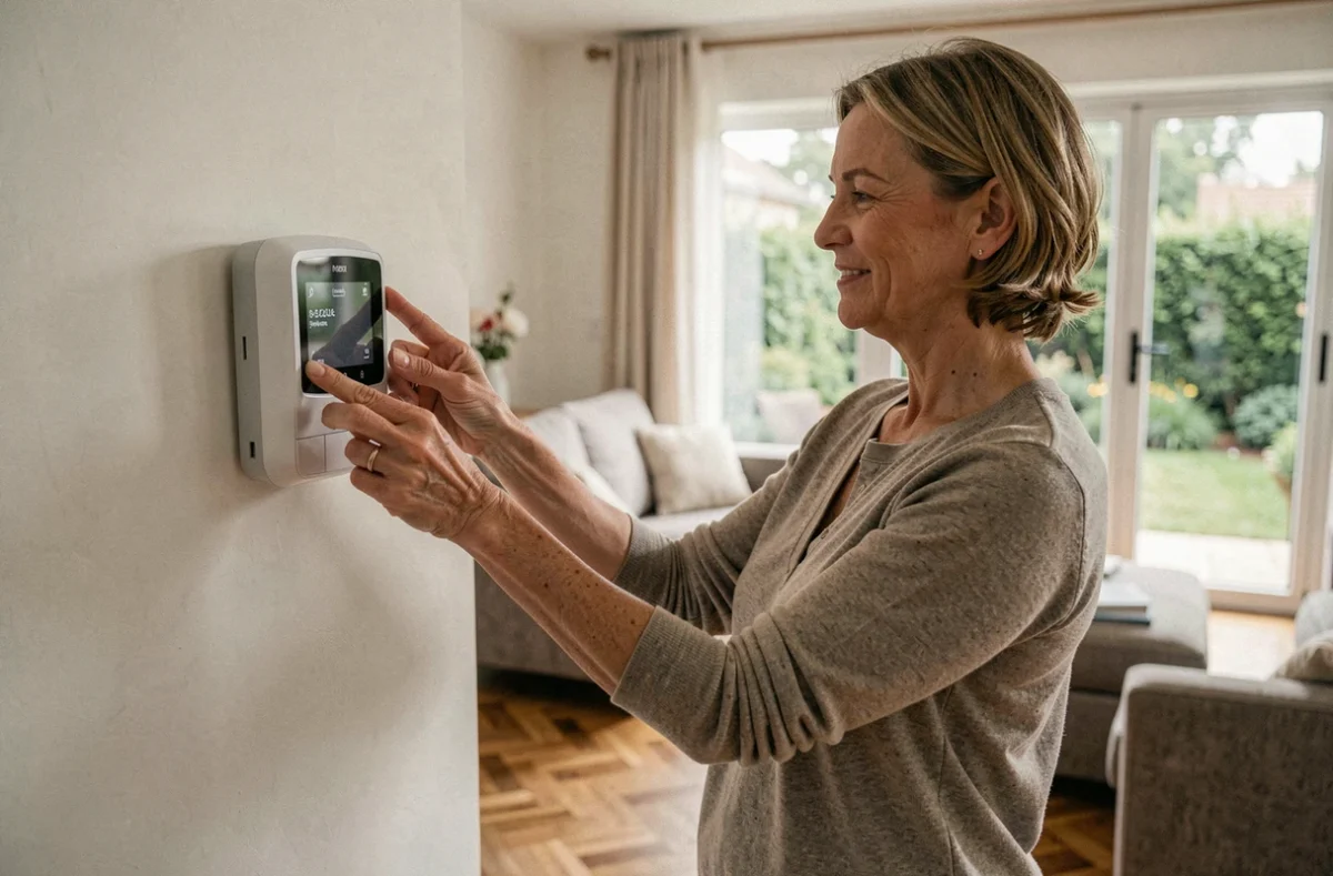 Femme réglant le thermostat connecté d'une pompe à chaleur air-eau réversible dans un salon moderne