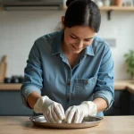 Femme nettoyant un plateau en argent avec une pâte maison