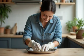 Femme nettoyant un plateau en argent avec une pâte maison