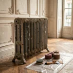 Radiateur ancien en fonte en cours de rénovation dans un appartement haussmannien avec outils de décapage posés au sol