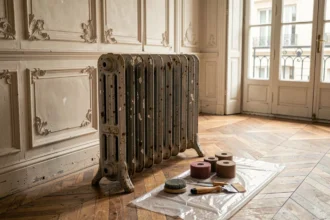 Radiateur ancien en fonte en cours de rénovation dans un appartement haussmannien avec outils de décapage posés au sol