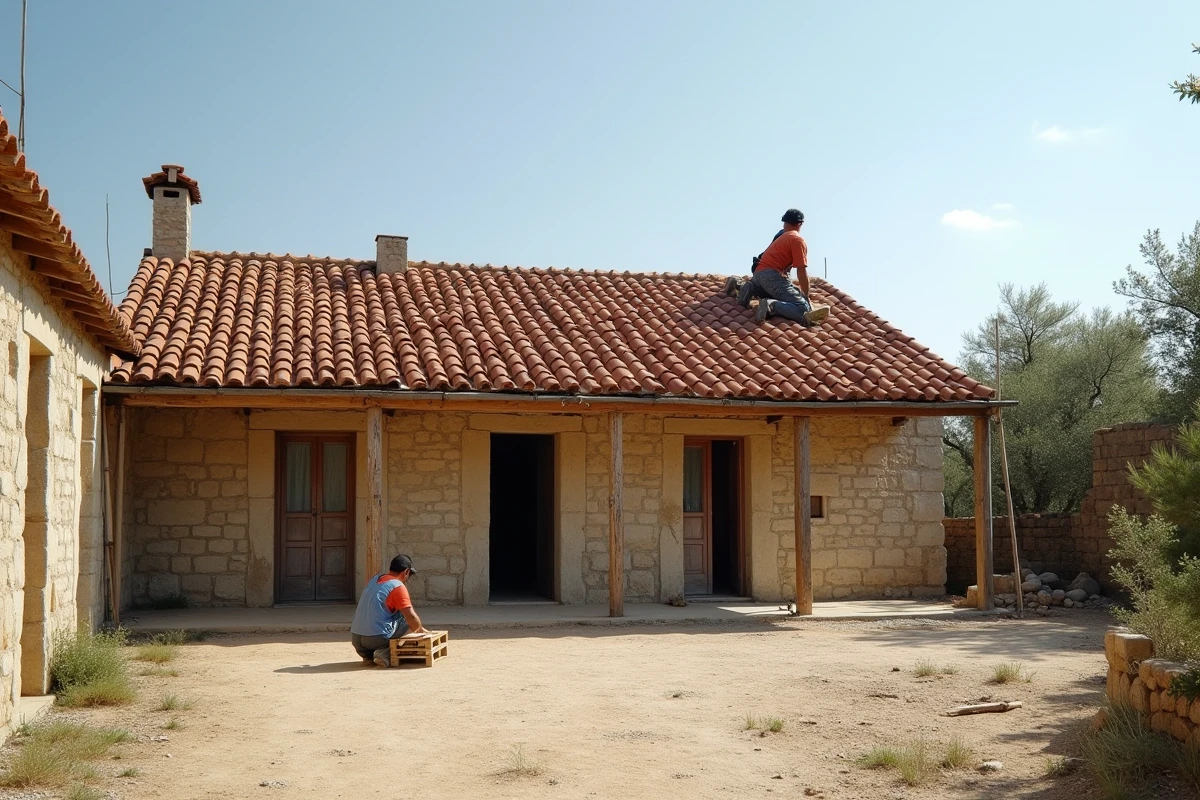 Vue large d'une ferme en pierre du sud de la France en cours de rénovation de toiture avec tuiles canal